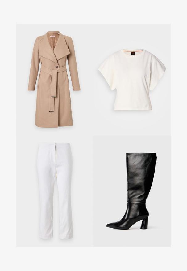 Cappotto di lana beige a lunghezza ginocchio con ampie rever, un bottone, cintura coordinata con punte in metallo e maniche lunghe, esposto piatto su sfondo bianco.; T-shirt bianca cropped, maniche corte e larghe, tessuto di cotone morbido, scollatura rotonda con bordino arancione sottile, design minimale, senza motivi o grafiche.; Pantaloni bianchi in cotone con design a gamba dritta, caratterizzati da una vita a media altezza e senza hardware o motivi visibili. Tessuto liscio su tutta la superficie.; Stivale in pelle nera, alto fino al ginocchio, con punta affusolata, superficie liscia e tacco spesso. Presenta un dettaglio con zip sul retro.