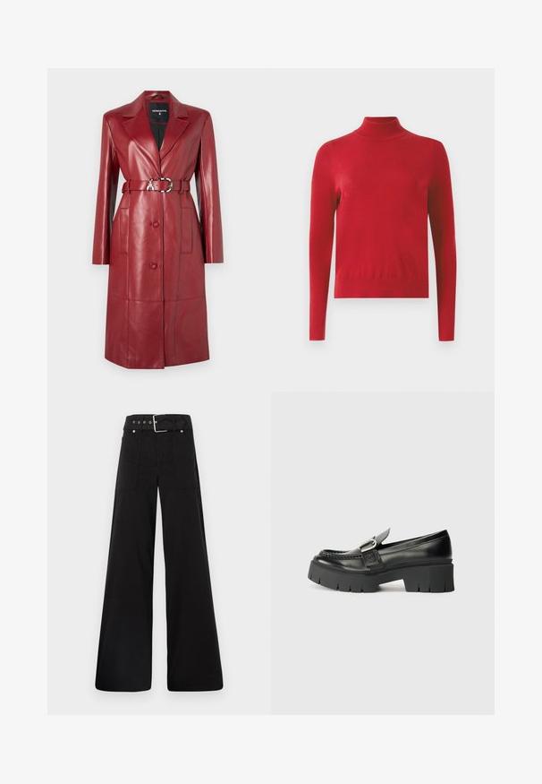 Patrizia Pepe OUTERWEAR - Trenčkot - clash red; Červený dlhý rukáv sveter s rolákom, so priliehavým dizajnom a rebrovanými manžetami a golierom na bielom pozadí.; Čierne nohavice so širokými nohavicami vyrobené z bavlny, s vysokým pásom, veľkými bočnými vreckami a opaskom s prackou so striebornými detailmi.; Čierne kožené poltopánky so širokou gumovou podrážkou. Majú detail so sponou a prešitie pozdĺž vrchnej časti. Plná päta.