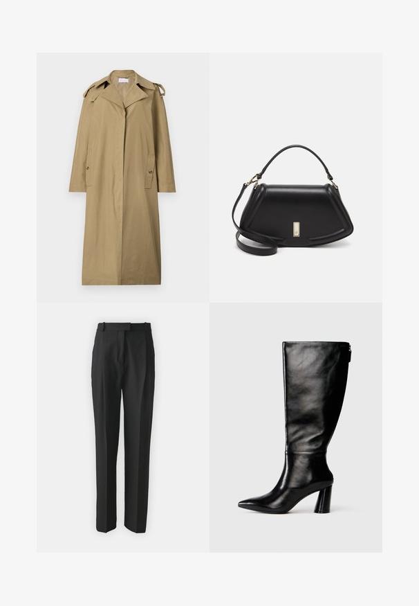 Light brown trench coat made of cotton-blend fabric. Features a notched collar, angled pockets, and shoulder straps, with a knee-length design.; Light beige turtleneck sweater, made of soft knit material, features a relaxed fit with long sleeves and a high collar. No visible patterns.; Black tailored trousers made from lightweight fabric, featuring a straight cut, flat front, and belt loops. Smooth texture with no visible patterns.; Knee-high black leather boot with a pointed toe, smooth texture, and a chunky heel. Features a zipper detail at the back.; Black leather handbag with a structured design, featuring a cropped shape, top handle, and gold hardware accent. Adjustable shoulder strap included.