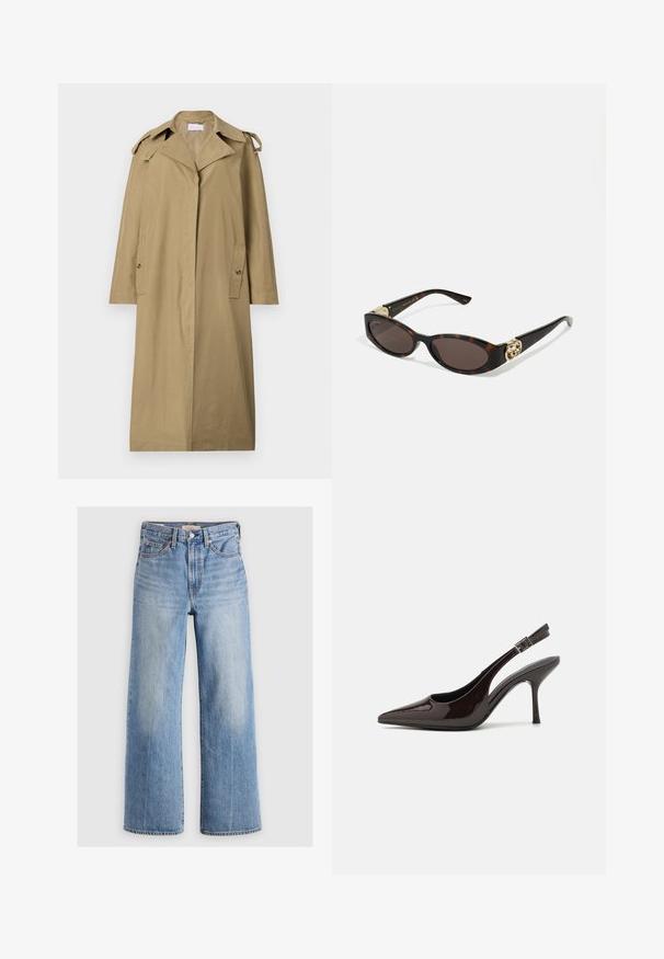 Gaiši brūns tranšejas mētelis, izgatavots no kokvilnas un sintētisko šķiedru maisījuma. Tam ir iegriezts apkakle, slīpi kabatas un plecu joslas, ar ceļgala garumu.; Zilā un baltā svītru garām piedurknēm krekls ar pogājamu apkakli, kontrastējošām aprocēm un mazu emblēmu uz krūtīm.; Gaiši zili denima plati kāju džinsi ar augstu jostasvietu, izbalējušām vietām, piecām kabatām un kontrastējošiem šuvumiem. Klasiska pogas un rāvējslēdzēja aizdare.; Slingback augstpapēžu kurpe ar spīdīgu tumši brūnu lakotu ādu, ar norādītu purngalu, atvērtām pusēm un regulējamu potītes siksniņu.; Tīģerbrūnā sauļošanās brillēm ar izstieptām ovālām lēcām, brūnu tonējumu, zeltītiem logotipa akcentiem uz tempļiem un plānām melnām kājām.