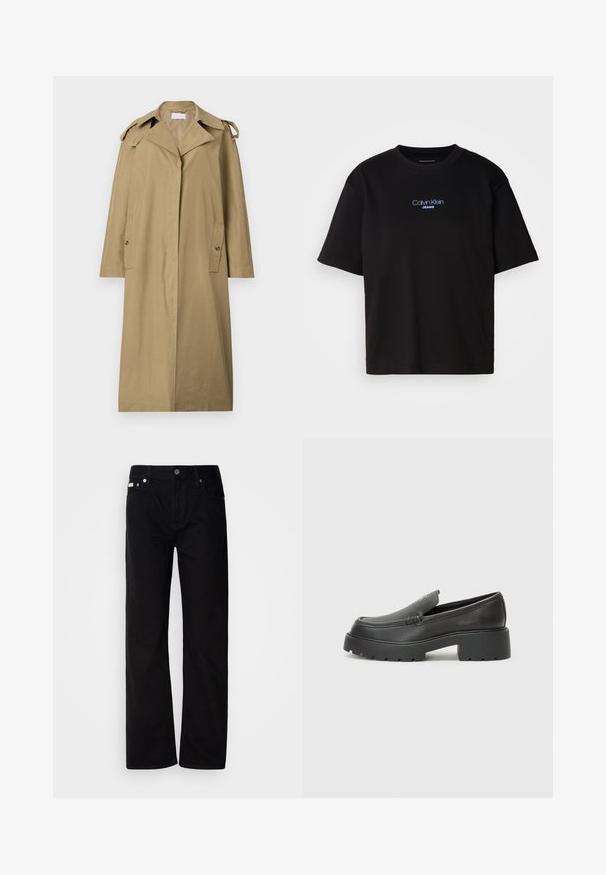 Light brown trench coat made of cotton-blend fabric. Features a notched collar, angled pockets, and shoulder straps, with a knee-length design.; Black cotton t-shirt with a round neck, short sleeves, and blue embroidered "Calvin Klein JEANS" logo on the front.; Black denim straight-leg pants with five pockets, silver rivets, and a button fly. The fabric has a smooth, slightly textured finish.; Black leather loafers with a rounded toe, thick textured sole, and minimal stitching details. Sleek design with no visible laces or hardware.