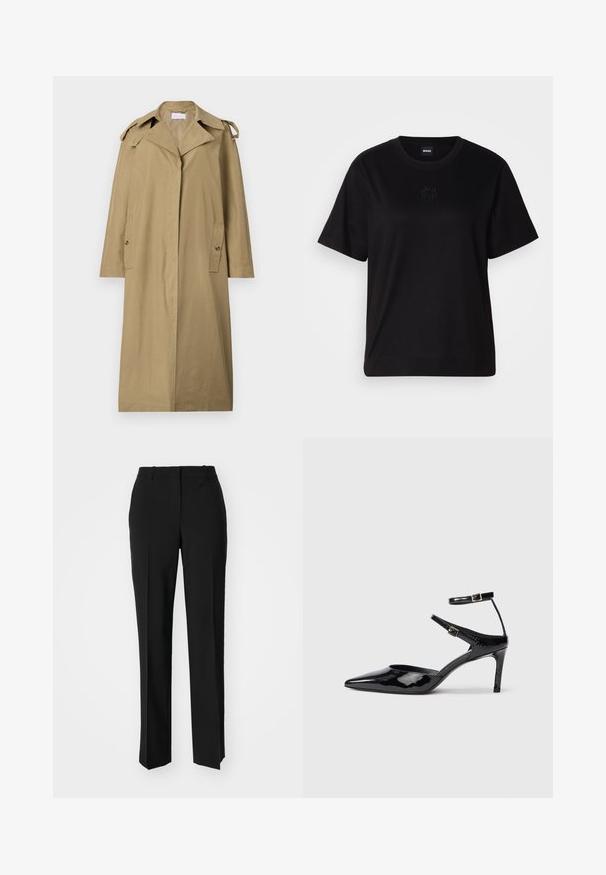 Lys brun trenchcoat laget av bomullsblandingsstoff. Har en notert krage, skrå lommer og skulderstropper, med en design som går til knærne.; Svart bomull T-skjorte med rund hals, korte ermer og et brodert logo på brystet. Enkel, avslappet passform uten mønstre.; Sorte skreddersydde bukser med rett silhuett, med en glatt tekstur og klare pressede bretter foran. Ingen synlig maskinvare.; Sorte lakkede hæle med spids tå, justerbare ankelstropper og en slank hæl. Glat tekstur med en skinnende overflade.