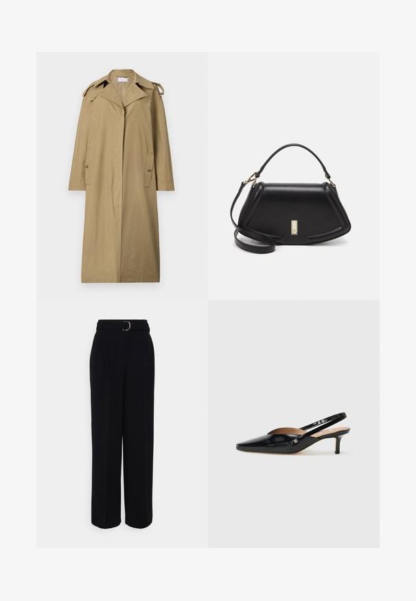 Világosbarna, pamut keverékből készült trench coat. Jellemzője a kivágott gallér, ferde zsebek és vállpántok, térd hosszúságú kialakítással.; Fekete pamut póló kerek nyakkivágással, rövid ujjakkal és hímzett logóval a mellkasán. Egyszerű, laza szabás, minta nélkül.; Fekete, testre szabott nadrág, széles szárű sziluettel, ezüst csattal ellátott övvel, pliszékkel és sima textúrával.; Fekete lakkbőr slingback pump, hegyes orral, kisméretű sarokkal és kivágott dizájnnal a vamp részen. Arany színű kiegészítő az oldalon.; Fekete bőr kézitáska, strukturált dizájnnal, rövidített formával, felső fogantyúval és arany színű kiegészítőkkel. Állítható vállpánt is tartozik hozzá.