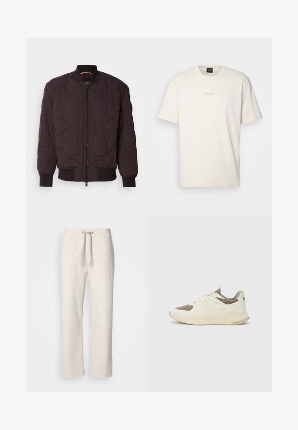 Temno rjav prešiten bomber jakna z zadrgo spredaj, rebrastimi manšetami in ovratnikom ter subtilnimi krožnimi šivi.; BOSS TEE - Navadna majica - open white; Kremaste ležerne hlače z vrvico v pasu in ravnimi nogavicami, prikazane na beli enotni podlagi.; Beli in svetlo bež športni copat, s mrežastim zgornjim delom, perforiranimi detajli in teksturirano srednjim delom z blagovno znamko na peti.