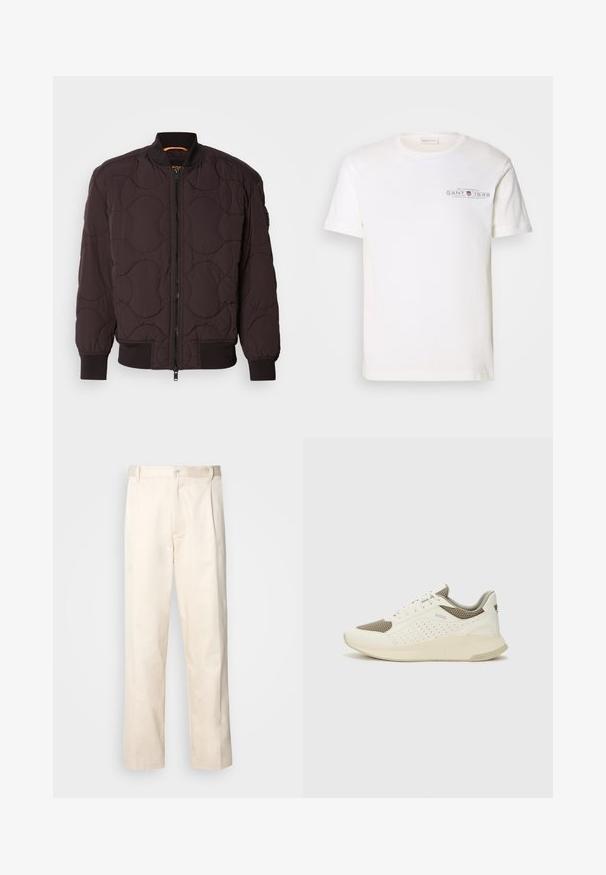 Tmavě hnědá prošívaná bombera s předním zipem, žebrovanými manžetami a límcem a jemnými kruhovými vzory v prošívání.; Bílý bavlněný tričko s kulatým výstřihem, krátkými rukávy a potiskem loga. Mít minimalistický design a volný střih.; Bežové bavlněné kalhoty se střihy rovného nohavice, s knoflíkovým zapínáním a záhyby vpředu pro zvýraznění detailu.; Bílé a světle béžové atletické tenisky, které mají síťovaný svršek, perforované detaily a texturovanou mezipodešev s logem na patě.