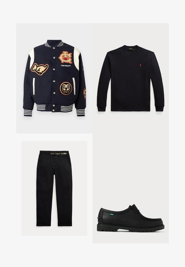 Laivaston yliopiston takki, jossa on valkoiset hihat ja erilaisia brodeerattuja päällysteitä: kissa, kirsikka-logo ja kaksi sarjakuvakasvoa. Raidalliset hihansuut.; Pitkähihaista mustaa puuvillapaitaa, jossa on pyöreä kaula-aukko ja pieni punainen logo rinnassa. Sileä pinta ja slim fit -suunnittelu.; Mustat housut, jotka on valmistettu kevyestä kankaasta. Niissä on joustava vyötärö, johon on integroitu vihreä vyö, suora lahje ja sivutaskut.; Musta nahkakenkä, jossa on matala profiili, pyöreä varvas ja rouhea pohja. Varustettu vihreällä "POLO"-tunnuksella ja erottuvalla ompeleella reunoilla.