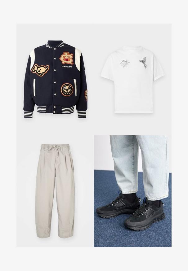Chaqueta varsity navy con mangas blancas, que presenta varios parches bordados: un gato, un logo con una cereza y dos caras de dibujos animados. Puños a rayas.; Camiseta blanca de algodón con un estampado gráfico negro de una figura alada y texto, con cuello redondo y mangas cortas.; Pantalones ligeros color beige con cintura elástica y cordón de ajuste. Presentan pliegues y un corte holgado, elaborados con una tela suave y lisa.; Zapatillas deportivas negras con tejido texturizado y suelas de goma, con cordones elásticos y un acento azul en el talón. Combinadas con pantalones de mezclilla claros.
