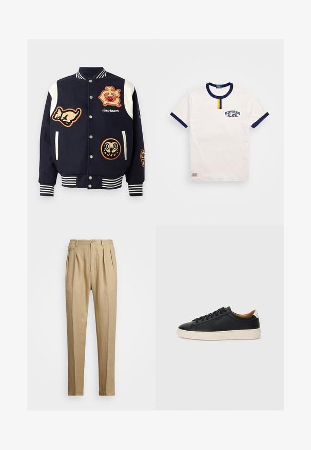 Mornarska jakna z belimi rokavi, okrašena z različnimi vezenimi nalepkami: mačka, logotip s češnjo in dva risana obraza. Črtasti manšeti.; Bela bomba majica iz bombaža s temno modrim okroglim izrezom in dodatki na rokavih. Ima detajl s majhnim rumenim gumbom in vezenino "NORTHEAST RL ATHL."; Beige lanene hlače s ravnim krojem, ki imajo dva sprednja pregiba, gumbasto zapiranje in stranske žepi. Teksturna tkanina z gladkim zaključkom.; Črne usnjene superge z gladko teksturo, bež gumijastim podplatom, zavezovalnim dizajnom in kontrastnim nagibom na peti.