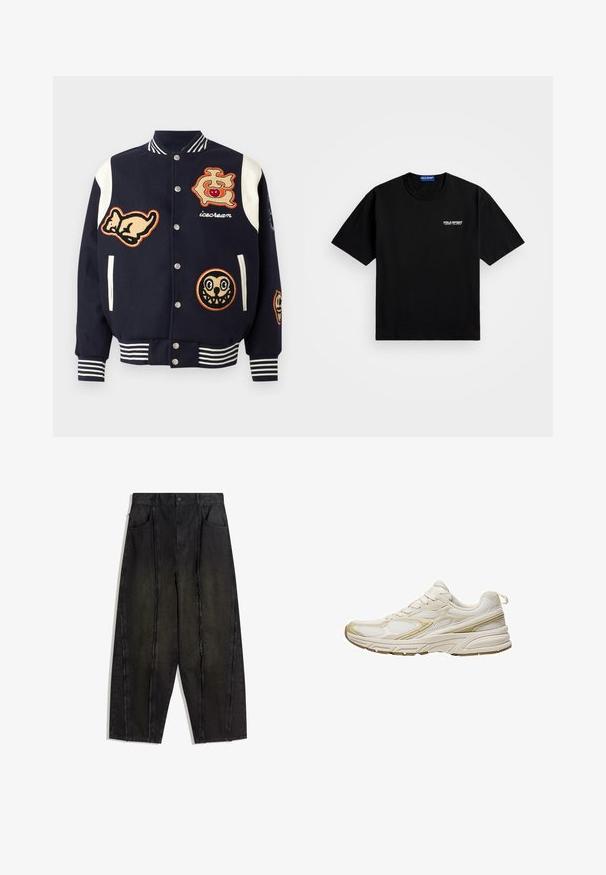 Mornarska jakna s bijelim rukavima, s raznim vezivanim aplikacijama: mačka, logo s trešnjom i dva crtana lica. Prugasti manžeti.; Crna pamučna majica s okruglim izrezom i kratkim rukavima. Na lijevoj strani prsiju ima "POLO SPORT" logo u bijeloj boji. Standardna veličina.; Crne široke traper hlače s vidljivim šavovima i raspaderačim rubovima, s dva prednja džepa i visokim strukom.; Bijele sportske cipele napravljene od mrežastog i sintetičkog materijala, s okruglim prstima, mekanim đonom i bež akcentima sa strane.