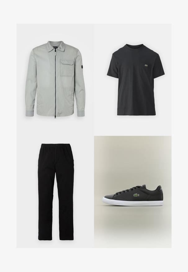Light grey jacket with a textured finish, zip front, pointed collar, and a chest pocket; features contrasting grey cuffs and subtle branding.; Black cotton t-shirt with short sleeves, round neckline, and a small green logo on the left chest pocket. Simple design, regular fit.; Black pants made of cotton blend fabric, featuring a straight cut, elastic waistband with button, and no visible patterns or accents.; Black leather sneakers with white rubber sole, featuring a green crocodile logo and round laces, sleek design with smooth texture.