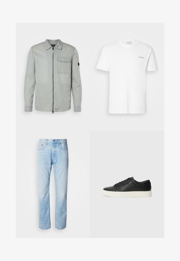 Light grey jacket with a textured finish, zip front, pointed collar, and a chest pocket; features contrasting grey cuffs and subtle branding.; White cotton T-shirt with short sleeves and a crew neckline. Features a small black "Calvin Klein" logo on the left chest.; Light blue denim jeans with a straight leg cut, featuring faded sections, five-pocket design, and a classic button fly.; Black leather sneakers with perforated texture, round toe, and flat white rubber sole. Features black laces and a subtle logo on the side.