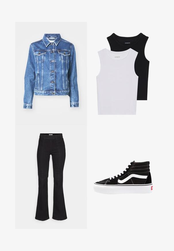 Keskmise sinise värvusega denimjakker, pikad varrukad, kaks rinnataskut, nööpidega kinnitamine ja õrnalt tuhm tekstuur. Traditsioonilise krae disain.; Kaks lühikeste varrukateta toppi mustas ja valges, valmistatud ribakudumist, ümarate kaelustega ja sobiva disainiga. Mõlemal on nähtavad sildid.; Mustad flared teksad, millel on kõrge vöökoht, peened eesõmbluste detailid ja klassikaline viieTasku design.; Mustad mustad sneakers valge paeltega, valge logo ja kontraste valge õmblusega. Omab paksu valget talda ja tekstureeritud nahkiga ülemist osa.