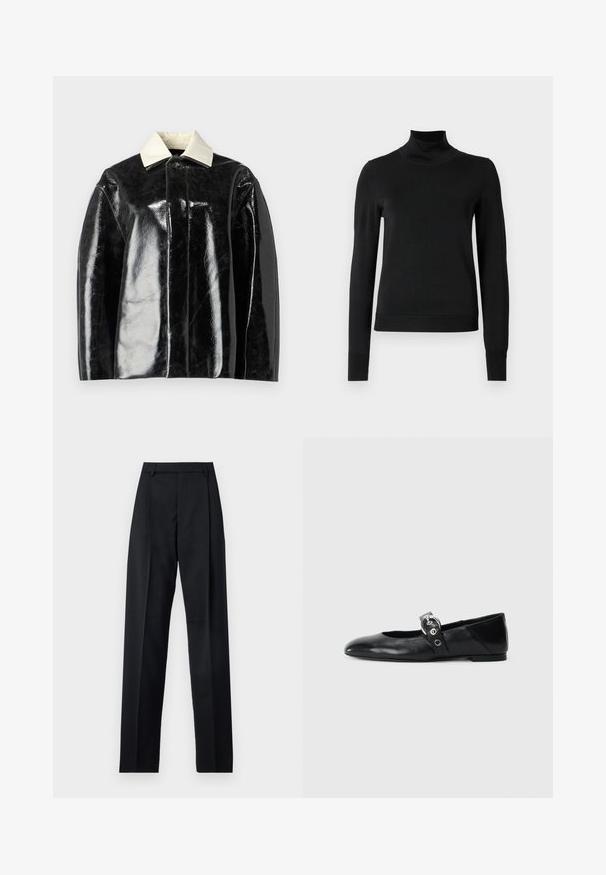Chaqueta negra brillante con un diseño estructurado, que presenta un cuello blanco crema y un cierre de botones, fabricada con un material suave y brillante.; Suéter negro de manga larga con cuello de tortuga, con puños y dobladillo acanalados, exhibido sobre un fondo blanco liso.; Pantalones negros de tela suave con cintura alta, piernas amplias, pliegues frontales y lazos de cinturón clásicos. No hay bolsillos laterales visibles.; Mocasines de ballet de cuero negro con punta afilada, que cuentan con una correa con un cinturón metálico circular y una suela plana.