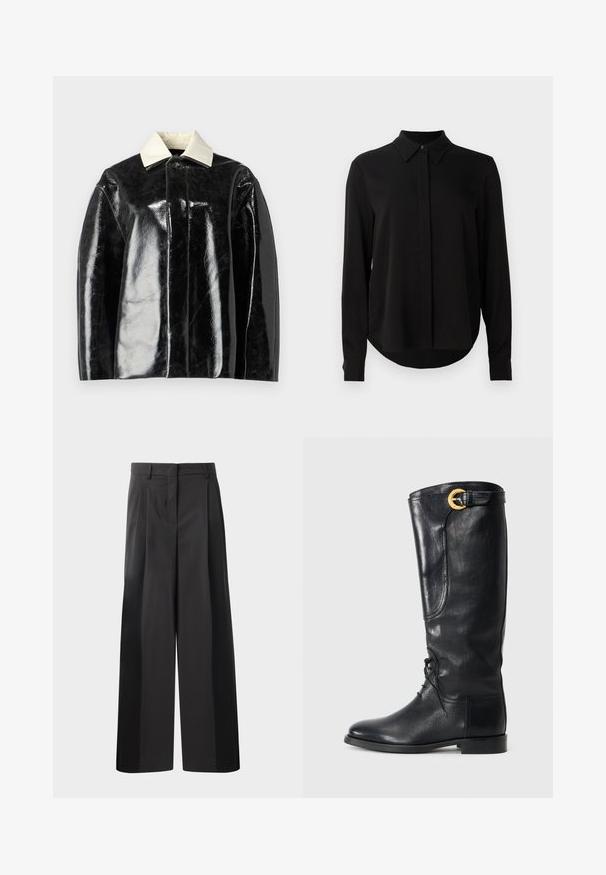 Črna sijoča jakna s strukturiranim dizajnom, ki ima svetlo belo ovratnico in gumbe za zapiranje, izdelana iz gladkega, sijočega materiala.; Črna bluzica z dolgimi rokavi, z ostrim ovratnikom, skrito gumbasto zapenjanje in ukrivljenim robom, v nasprotju z enobarvno belo podlago.; Črne široke hlače z visokim pasom, z oblikovanimi pregibi spredaj, gladko teksturo in natančno dodelavo. Oblikovane za sproščen fit.; Ženske črne usnjene škornje do kolen, s zaobljenim nosom, spredaj vezane, z bočno dekoracijo in z zlatim okrasnim sponko na vrhu. Gladka površina.