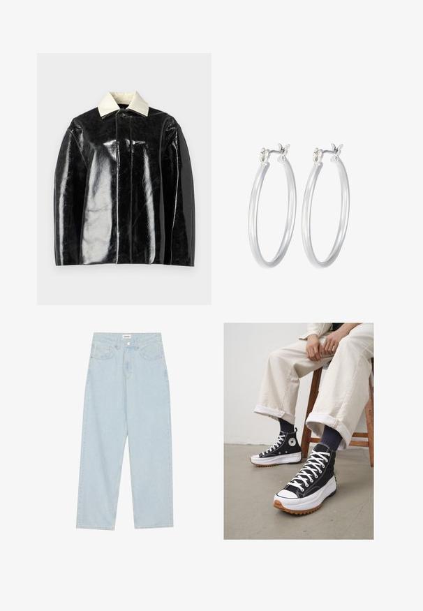 Svart blanka jacka med en strukturerad design, som har en krämvit krage och knäppning, tillverkad av ett slätt och glänsande material.; Två ärmlösa toppar i svart och vitt, tillverkade av ribbat bomull, med rund halsringning och en figurpassande design. Etiketter synliga på båda.; Ljust blå vida jeans av denim, med en medelhög midja, fem fickor och en knappstängning med en smal metallaccent.; Höga svarta sneakers med vita snörningar och gummitå. Tjock vit sula med en texturerad brun yttersula, bärs med marinblå randiga strumpor.; Silverfärgade hoopörhängen med en slät, polerad yta. Rund form och säker klickstängning. Lättviktig design som passar för vardagligt bruk.