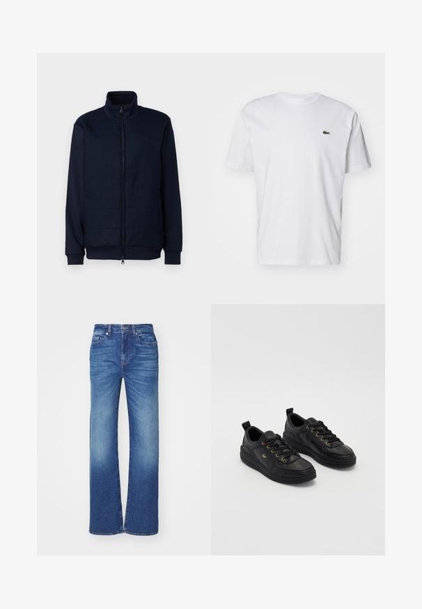Navy sininen vetoketjullinen takki, jossa on korkea kaulus, vuorattu etuosa, ribbaatut hihansuut ja sileä pinnan rakenne. Yksinkertainen muotoilu ilman näkyviä kuvioita tai koristeita.; Valkoinen puuvillainen T-paita, jossa on pyöreä kaula-aukko, lyhyet hihat ja pieni vihreä brodeerattu logo rinnassa. Klassinen suora leikkaus.; Siniset denim-farkut suoran lahkeen designilla, joissa on haalistunut pesu, viisi taskua ja napilla sekä vetoketjulla suljettava vyötärö.; Mustat nahkakengät kultaisilla nauhoilla ja nauhoilla, verkkopinta, pyöreä kärki ja paksu musta pohja. Yksinkertainen, moderni muotoilu takana olevan lenkin kanssa.