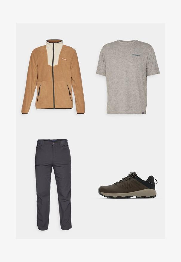 Brun fleecejakke med en cremefarvet frontpanel, sort lynlås, sidelommer og Columbia-logo på brystet.; Grå kortærmet t-shirt lavet af blødt, struktureret stof med et lille blåt Patagonia-logo på venstre bryst. Ingen yderligere mønstre.; Mørkegrå bukser lavet af holdbart stof, med en lynlåslomme, lige snit og bæltestropper for justerbar pasform.; Brune vandtætte sneakers med en tekstureret overflade, perforerede akcenter, sort hælunderstøttelse og en grå gummisål. Snørebåndene er udsmykket med metalender.