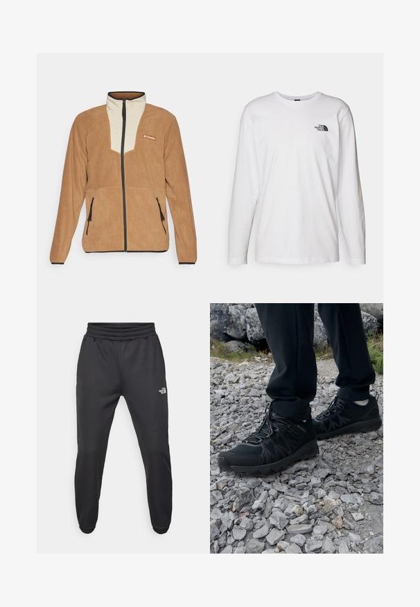 Brown fleece jacket with a cream-colored front panel, black zipper, side pockets, and Columbia logo on the chest.; White long-sleeve T-shirt made of cotton with a crew neck. Features a small black logo on the chest. Smooth texture, regular fit.; Black sweatpants with a drawstring waist, tapered fit, elastic cuffs, and a small white logo on the left thigh, made from smooth fabric.; Black outdoor shoes with mesh and synthetic material, featuring a textured upper, secured lacing system, and a rugged outsole, on rocky terrain.