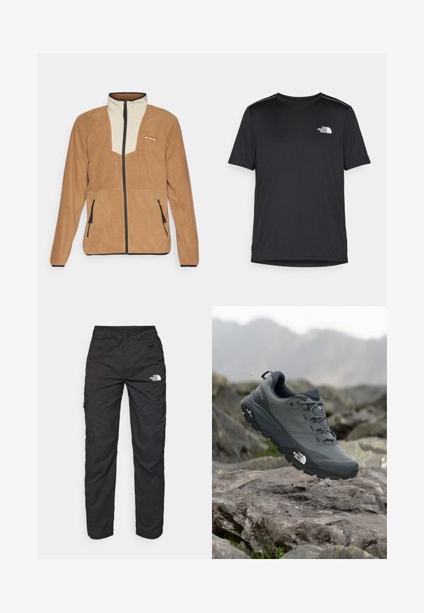 Brązowa polarowa kurtka z kremowym panelom z przodu, czarnym zamkiem, bocznymi kieszeniami i logo Columbia na piersi.; Czarny t-shirt z krótkim rękawem, wykonany z lekkiego materiału. Posiada małe białe logo na lewej piersi oraz subtelne akcenty na ramionach.; Czarne spodnie cargo wykonane z lekkiego materiału. Posiadają zamknięte na zamek boczne kieszenie oraz logo na lewym udzie. Prosty krój nogawki.; Szare buty do biegania w terenie z teksturową cholewką, trwałą gumową podeszwą i wzmocnionym noskiem. Posiadają sznurowadła oraz logo marki z boku.