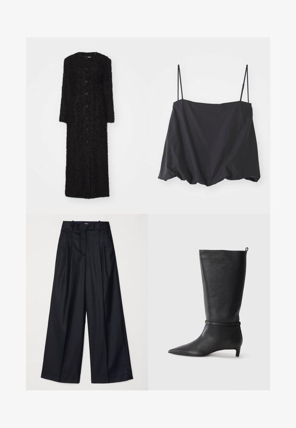 By Malene Birger SUSENNE - Abrigo de invierno - black; Top negro sin mangas con tirantes finos, de corte holgado y con dobladillo fruncido. Está hecho de una tela ligera con textura suave.; Pantalones de pierna ancha negros, confeccionados en una tela suave, con una cintura alta, pliegues y un diseño ajustado. Accesorios sencillos en negro en la cintura.; Bota de cuero negro hasta la rodilla con punta afilada, acentuada por una correa circular alrededor del tobillo y un tacón bajo y afilado. Textura suave.