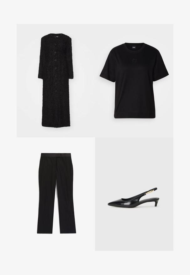 By Malene Birger SUSENNE - Zimní kabát - black; Černé bavlněné tričko s kulatým výstřihem, krátkými rukávy a vyšitým logem na hrudi. Jednoduchý, volný střih bez vzorů.; Černé kalhoty s hladkou texturou, rovného střihu, plochým pasem a bez viditelného kování nebo vzorů.; Černé kožené boty na podpatku s otevřenou patou a špičatou špičkou, s tenkým podpatkem a zlatým akcentem na nastavitelném pásku. Hladký povrch.