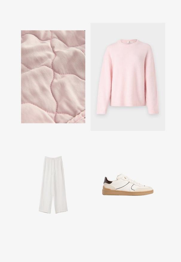 Hellrosa, gesteppter Stoff mit einer glatten Textur, versehen mit rautenförmigen Nähten und dezent kontrastierendem Faden.; Gina Tricot CREW NECK - Strickpullover - primrose pink; Weißes T-Shirt mit kurzen Ärmeln aus Baumwolle. Hat einen Rundhalsausschnitt und eine lockere Passform. Glatte Textur ohne sichtbare Muster oder Akzente.; Weiße weit geschnittene Hose aus leichtem Stoff. Mit einem elastischen Bund und Kordelzug sowie Seitentaschen. Glatte Textur.; Stradivarius Sneaker low - white