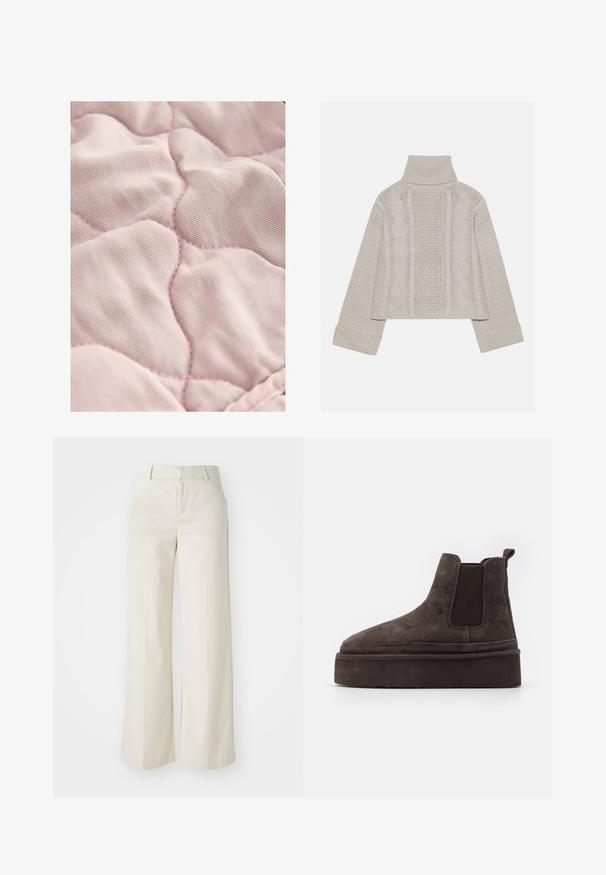 Lys pink, quiltet stof med en glat tekstur, prydet med diamantformet syning og subtil kontrasterende tråd.; Afskåret, lysegrå striktrøje med højt krave og ribbede manchetter, prydet med teksturerede kabelmønstre ned ad ryggen og siderne.; Bredde ben-bukser i en lys beige farve, lavet af et glat stof. Har en klassisk talje og flad front med rene linjer.; Brune ruskinds Chelsea støvler med elastiske sidepaneler og en tyk, struktureret platåsål. Har en strop bagpå til nem påtagning.