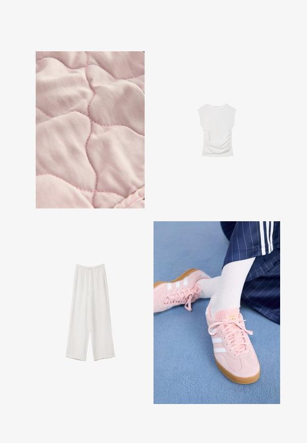 Tessuto trapuntato di un rosa chiaro con una texture liscia, caratterizzato da cuciture a forma di diamante e un filo a contrasto sottile.; Top bianco a maniche corte con scollo rotondo. Caratterizzato da una texture arricciata lungo i lati e una silhouette aderente, realizzato in materiale morbido e elasticizzato.; Pantaloni a gamba larga bianchi realizzati in un tessuto leggero. Presentano una vita elastica con cordoncino e tasche laterali. Texture liscia.; Sneakers in suede rosa chiaro con strisce e lacci bianchi, dotati di una linguetta testurizzata e di una suola in gomma, posizionati su un tappeto blu.