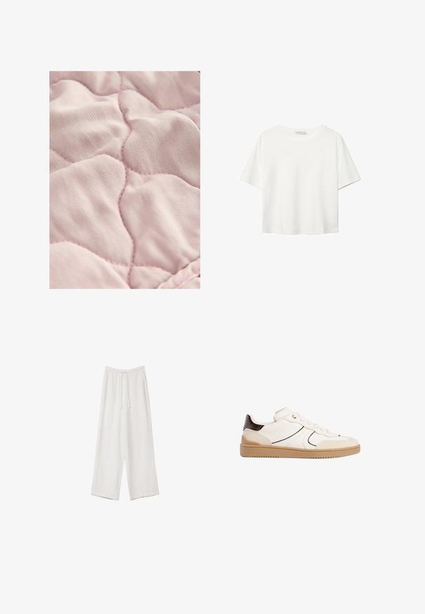 Svetlo roza prešita tkanina z gladko teksturo, ki ima diamantno oblikovano šivanje in subtilno kontrastno nit.; Bela kratka majica s kratkimi rokavi iz bombaža. Ima okroglo izrezovanje in sproščen kroj. Gladka tekstura brez vidnih vzorcev ali poudarkov.; Bele široke hlače iz lahkega materiala. Imajo elastičen pas s vrvico in stranske žepe. Gladka tekstura.; Stradivarius Športni copati - white