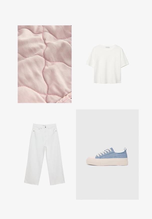 Hellrosa, gesteppter Stoff mit einer glatten Textur, versehen mit rautenförmigen Nähten und dezent kontrastierendem Faden.; Weißes T-Shirt mit kurzen Ärmeln aus Baumwolle. Hat einen Rundhalsausschnitt und eine lockere Passform. Glatte Textur ohne sichtbare Muster oder Akzente.; Weiße Jeans im weit geschnittenen Design aus Denim mit hoher Taille, ausgestattet mit fünf Taschen und Metallbeschlägen. Glatte Textur, keine sichtbaren Muster.; Helleblaue Leinensneaker mit einer cremefarbenen Gummikappe und Außensohle, ausgestattet mit weißen Schnürsenkeln und einer Zuglasche an der Ferse.
