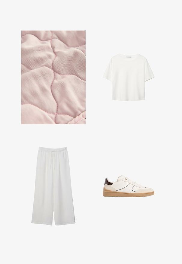 Vaaleanpunainen päällyskangas, jossa on sileä rakenne, ja se on koristeltu timantin muotoisella ompeleella ja hienovaraisella kontrastivärillä.; Valkoinen lyhythihainen T-paita, joka on tehty puuvillasta. Siinä on pyöreä kaula-aukko ja rento malli. Silkkinen pinta ilman näkyviä kuvioita tai koristeita.; Valkoiset leveälahkeiset housut, jotka on valmistettu kevyestä kankaasta. Niissä on joustava vyötärö ja nauha säädettävää istuvuutta varten. Sileä pinta.; Stradivarius Matalavartiset tennarit - white