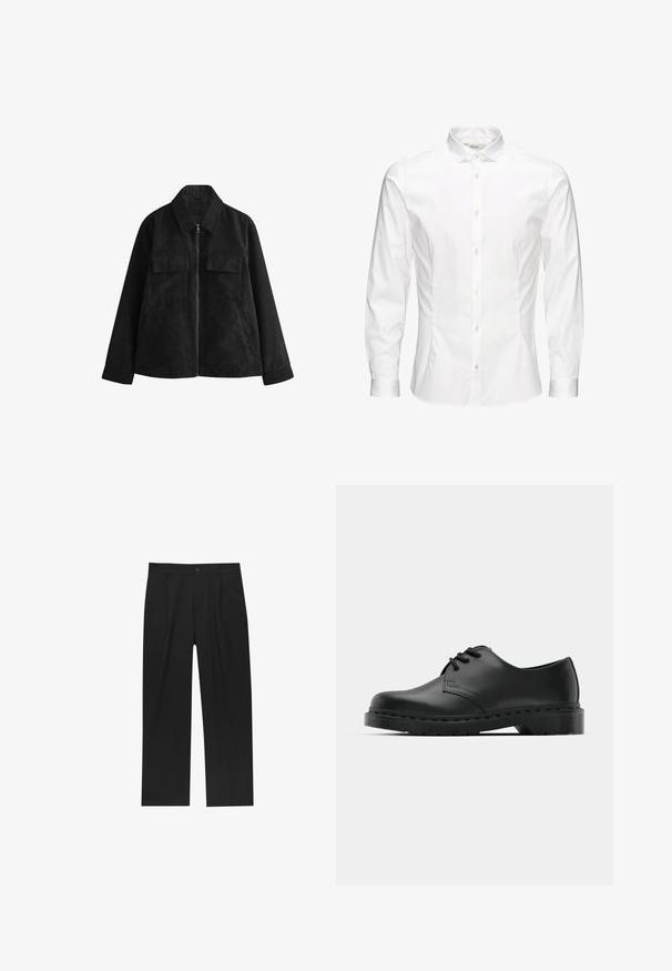 Giacca in suede nera con zip frontale, colletto a punta, due tasche sul petto, tasche laterali e maniche lunghe. Texture morbida, design su misura.; Camicia bianca a maniche lunghe con bottoni, realizzata in un tessuto liscio. Caratterizzata da un colletto classico, bottoni frontali e polsini con un bottone. Design slim fit.; Pantaloni neri con un design a gamba dritta, realizzati in un tessuto liscio. Presentano pieghe frontali e una chiusura a un bottone in vita.; Scarpa oxford in pelle nera con design con lacci, punta arrotondata, suola piatta in gomma e dettagli di cucitura discreti lungo la parte superiore.