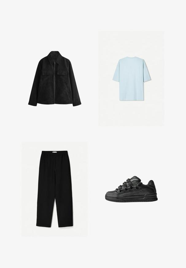 Veste en daim noir avec fermeture éclair à l'avant, col pointu, deux poches poitrine, poches latérales et manches longues. Texture douce, design ajusté.; T-shirt en coton bleu clair avec un col rond, des manches courtes et un design arrière simple avec un petit détail de couture horizontal.; Pantalons noirs à jambe large en tissu léger. Dotés d'une taille élastique et d'une texture lisse. Aucun motif visible ni pièce métallique.; Baskets noires avec une tige en cuir lisse, des accents texturés et des lacets ronds noir et blanc. Semelle en caoutchouc épaisse avec un motif de semelle.