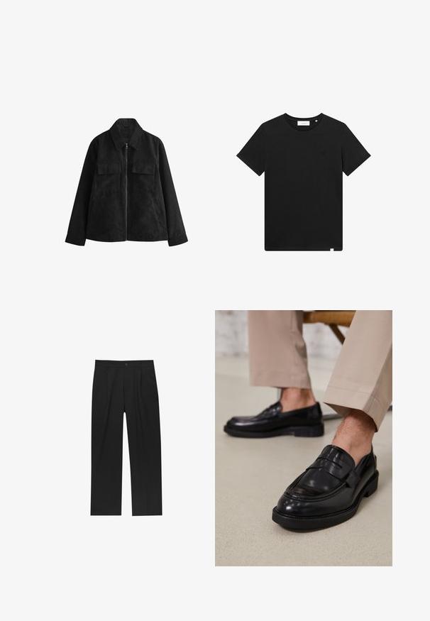 Fekete velúr dzseki cipzárral elöl, hegyes gallérral, két mellzsebbel, oldalsó zsebekkel és hosszú ujjakkal. Puha tapintás, testreszabott dizájn.; Fekete rövid ujjú pamut póló, kerek nyakkal és egy kis géppel hímzett logóval a mellrészen. Sima tapintás, szabványos illeszkedés.; Fekete nadrág egyenes szárú kialakítással, sima anyagból készült. Elöl redők és egy gombos záródás található a derékon.; Fekete bőr loaferek sima felülettel, díszítő pánttal és kontrasztos varrással, bézs nadrággal párosítva.