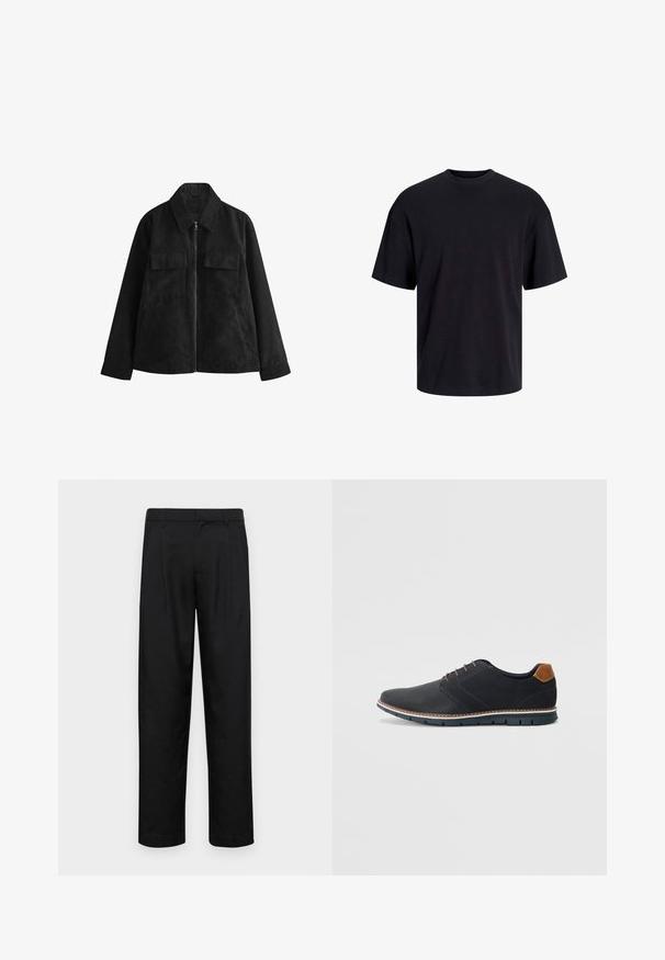 Chaqueta de ante negra con cierre de cremallera en la parte delantera, cuello puntiagudo, dos bolsillos en el pecho, bolsillos laterales y mangas largas. Textura suave, diseño ajustado.; Camiseta de algodón negra con cuello redondo, mangas cortas y un ajuste relajado. Textura suave y sin patrones ni acentos visibles.; Pantalones negros de tela suave, con un diseño de pierna recta, dos pliegues frontales y una cintura estándar con trabillas para el cinturón.; Zapatos sintéticos negros con un upper texturizado, acentos lisos, tacón marrón y una suela en contraste. Presenta un cordón mínimo y detalles de costura.
