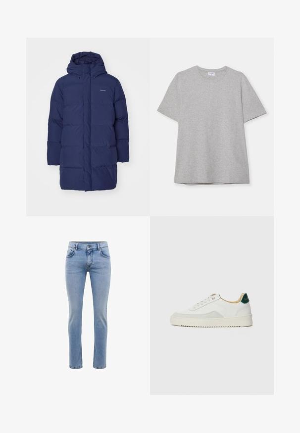 Navy blue puffer coat with a hood, featuring a zip closure and quilted texture. Branding visible on the upper left chest.; Gray short-sleeve T-shirt made from soft, textured fabric. Features a classic crew neck and a straight hem, suitable for casual wear.; Light blue denim jeans with a slim fit, five pockets, and a straight leg design. Features a zipper fly and belt loops. Soft texture.; White sneaker with suede accents, rounded toe, flat laces, and a cream rubber sole. Features green branding on the heel.