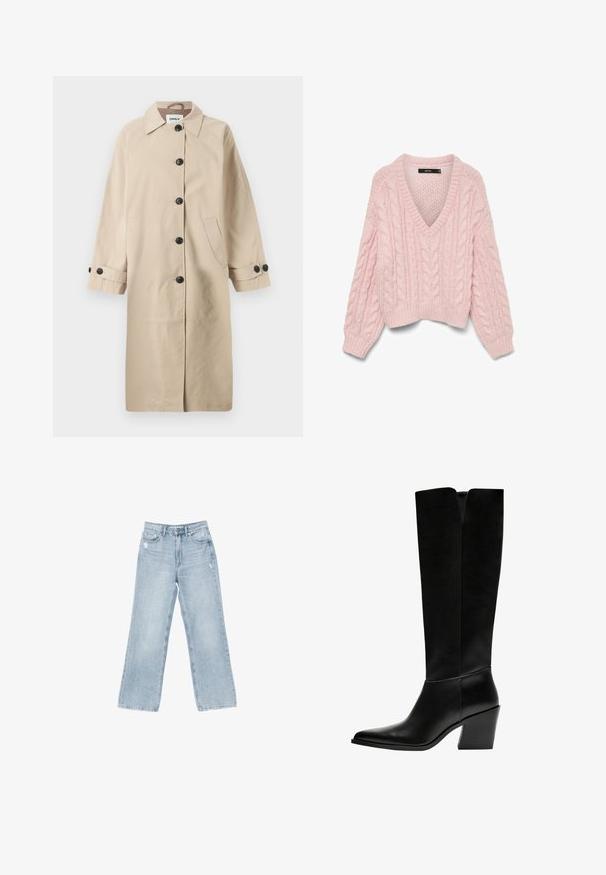 Beige frakke med krave, seks sorte knapper, to sidelommer og trekvartærmer med knapdetaljer. Glat tekstur.; Vero Moda VMDREAM - Striktrøje - rose shadow; Lyseblå denimjeans med bred benåbning, slidte detaljer, fem-lomme design og lynlåslukning.; Sorte knæhøje støvler lavet af glat læder, med spids tå, blokhæl og en V-formet udskæring foroven.