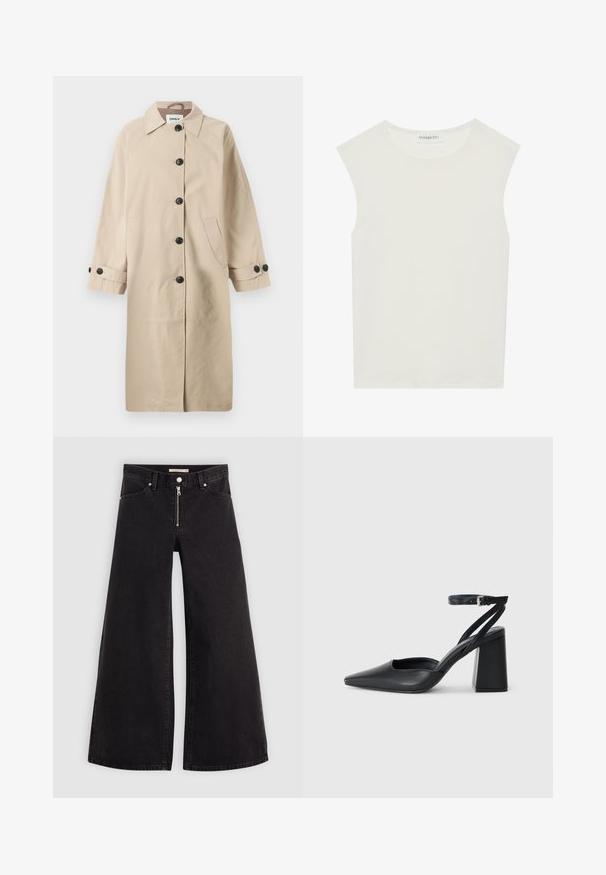 Manteau beige avec un col, six boutons noirs, deux poches sur les côtés et des manches trois-quarts avec des détails de boutons. Texture lisse.; Haut sans manches blanc avec un col rond. Fabriqué en tissu lisse, il présente une coupe décontractée et un design minimaliste. Pas de motifs ni d'accents.; Jean large en denim noir avec une fermeture éclair à l'avant, un design à cinq poches et des détails de couture subtils. Texture lisse et style décontracté.; Escarpin noir en cuir à bout pointu avec une bride de cheville et un talon épais. Texture lisse, design élégant et esthétique minimaliste.