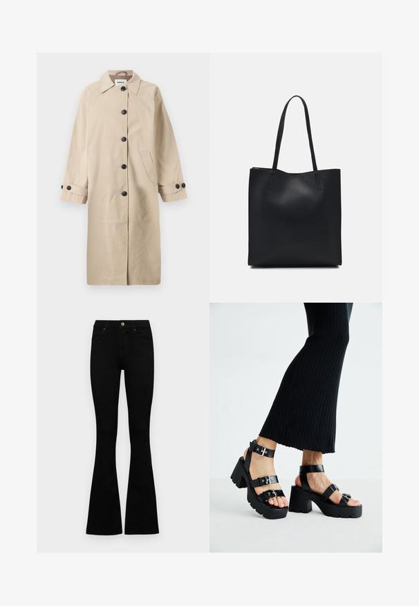 Bež kaput s izrezom i ovratnikom, šest crnih gumba, dva bočna džepa i rukavi do tri četvrtine s detaljima od gumba. Glatka tekstura.; Crna pamučna majica s kratkim rukavima, s malim grafičkim prikazom ružičaste vjetricaste s desne strane na prsima. Dizajn s okruglim izrezom i opuštenim krojem.; Crne traperice viskog struka s kopčanjem na gumb i rajfeslusu, prednjim džepovima i širom nogavicama položene su ravno na bijeloj pozadini.; Crne platforme sandale s debelim, nazubljenim potplatima i višestrukim trakama, s metalnim kopčama i glatkom teksturom koja podsjeća na kožu.; Crna kožna torba za nošenje s glatkom teksturom, pravokutnim oblikom i dvije duge ručke. Nema vidljivih metalnih dijelova ili ukrasa.