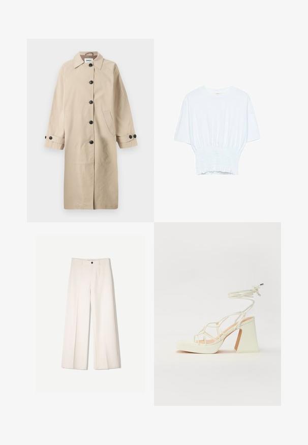 Manteau beige avec un col, six boutons noirs, deux poches sur les côtés et des manches trois-quarts avec des détails de boutons. Texture lisse.; T-shirt blanc à manches courtes avec une coupe décontractée et une texture froncée à la taille. Fabriqué en tissu doux et léger.; Pantalons larges crème avec un design ajusté, comportant deux poches avant et une fermeture à un bouton sur le devant, fabriqués en tissu lisse.; Sandale blanche à talons hauts avec un talon épais, présentant un design à lanières et un lien autour de la cheville. Texture lisse avec une plateforme à l'avant pour une hauteur supplémentaire.