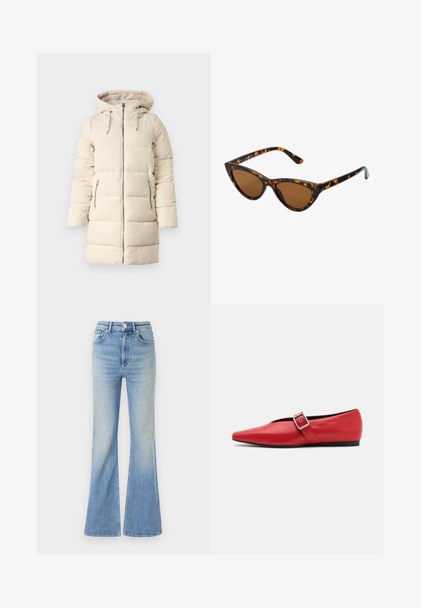 Beige Steppjacke mit strukturiertem Cordmuster, Reißverschluss vorne, verstellbare Kapuze und zwei seitlichen Reißverschlusstaschen, mit einem langen, enganliegenden Design.; Grauer, gekürzter Pullover aus strukturiertem Stoff. Hat einen hohen Kragen und zwei vordere Taschen mit einem lässigen Schnitt. Lange Ärmel.; Helle blaue Schlagjeans aus Denim mit hoher Taille, fünf Taschen und subtilem Farbverlauf bis zum Saum.; Rote Leder-Ballerina mit einer spitzen Zehe, ausgestattet mit einem Seitenriemen mit einer Metallschnalle und einem niedrigen schwarzen Absatz. Glatte Textur über die gesamte Fläche.; Katzenaugen-Sonnenbrille mit einem schwarz-orangenen Schildpattrahmen, braunen Gläsern und schlanken, spitzen Enden. Verfügt über ein minimalistisches Logo am Bügel.