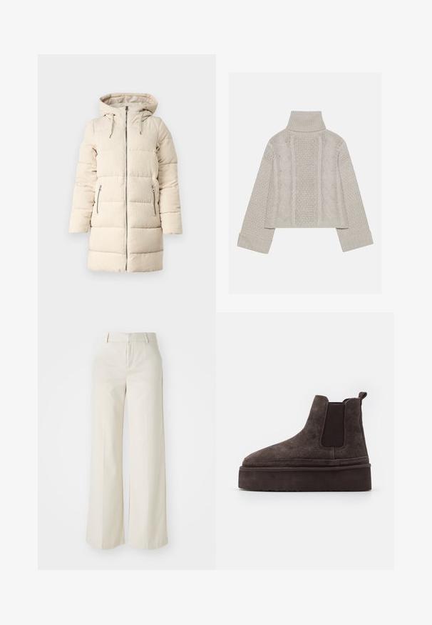 Beige pufferjas met een gestructureerd ribfluwelen patroon, rits aan de voorkant, verstelbare capuchon en twee zijzakken met rits, met een lange, getailleerde pasvorm.; Korte, lichtgrijze gebreide trui met een hoge kraag en ribbelmanchetten, met gestructureerde kabelpatronen op de rug en zijkanten.; Brede broek in een lichte beige kleur, gemaakt van een gladde stof. Kenmerkt zich door een klassieke tailleband en een vlakke voorkant met strakke lijnen.; Bordeaux kleurige suède Chelsea boots met elastische zijpanelen en een dikke, gestructureerde platformzool. Voorzien van een trektab aan de hiel voor gemakkelijk aan- en uittrekken.