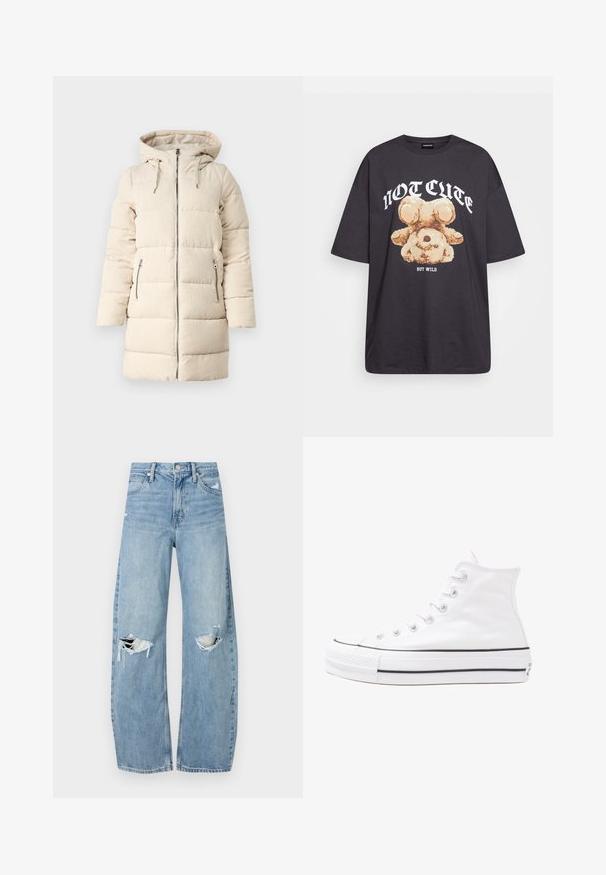 Beige Steppjacke mit strukturiertem Cordmuster, Reißverschluss vorne, verstellbare Kapuze und zwei seitlichen Reißverschlusstaschen, mit einem langen, enganliegenden Design.; Schwarzes, übergroßes T-Shirt mit einem Grafikdruck eines Bären und dem Text "NICHT SÜß, SONDERN WILD" in fetter, weißer Schrift. Baumwollmaterial.; Helles, hochtailliertes Jeans aus Denim. Hat weit geschnittene Beine, zwei aufgerissene Kniebereiche und klassischen Fünf-Taschen-Stil.; Weiße hochwertige Leinensneaker mit schwarzer Gummisohle, vorderem Gummizehenschutz und sechs Ösen für Schnürsenkel, die ein sauberes, minimalistisches Design aufweisen.