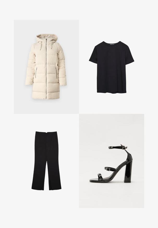 Beige puffer coat with a textured corduroy pattern, zip front, adjustable hood, and two side zip pockets, featuring a long, fitted design.; Plain short-sleeve black cotton T-shirt with crew neck, displayed on a white background.; Black trousers with a straight fit, featuring front pockets and side slits at the hem. Made of soft, smooth fabric. Suitable for various occasions.; Black patent high-heeled sandals with two buckle straps, square toe, and a chunky block heel, featuring a smooth, glossy texture.