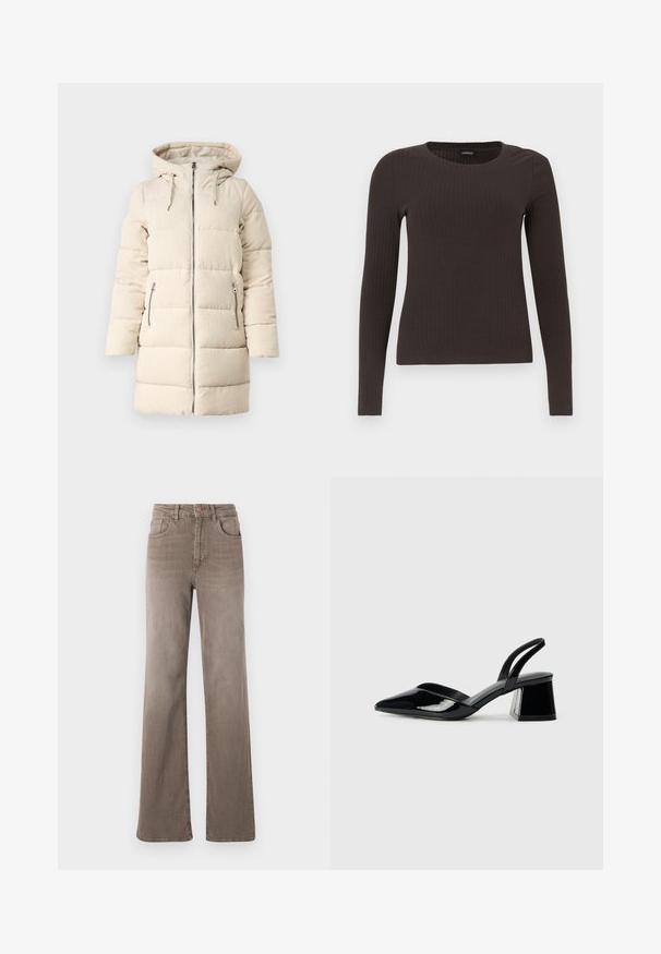 Béžový puffrovaný kabát s textúrovaným kordový vzorom, na zips vpredu, nastaviteľnou kapucňou a dvoma bočnými vreckami na zips, s dlhým, priliehavým strihom.; Hnedý, dlhý rukáv, rebrovaný top s okrúhlym výstrihom. Vyrobený z hladkého, elastického materiálu, s priliehavým strihom a minimálnym zdobením.; Hnedé high-waist rovné džínsy so zapínaním na prednej strane, pútkami na opasok a klasickým dizajnom s piatimi vreckami na bielom pozadí.; Čierne lakované kožené sandálové podpätky s špicatou špičkou a geometrickým blokovým podpätkom. Disponujú elegantným, minimalistickým dizajnom a hladkým povrchom.