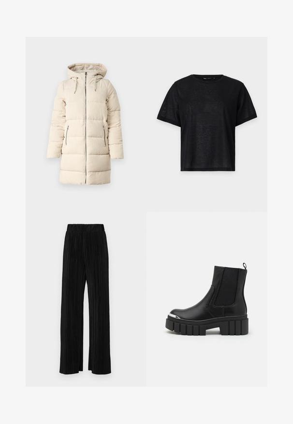 Beige színű puffermellény, texturált kordbársonyos mintával, cipzáras elülső résszel, állítható kapucnival és két oldalsó cipzáras zsebbel, hosszú, testhezálló dizájnnal.; Fekete, rövid ujjú póló laza szabással, sima textúrával és kerek nyakkivágással. Könnyű anyag, finom fénylő hatással.; Fekete pliszírozott nadrág gumis derekkal. Széles lábakkal rendelkezik, sima, texturált anyagból készült, függőleges csíkokkal.; Fekete boka csizmák sima bőrből, elasztikus panelek, vastag platform talp és fém orrrész jellemzi őket.