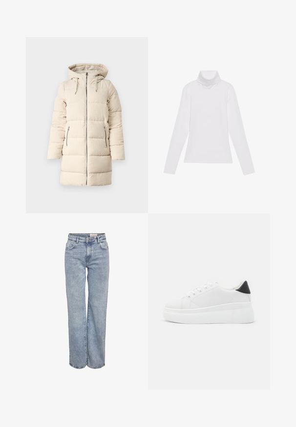 Beige péřová bunda se strukturovaným kordurovým vzorem, zipovým zapínáním vpředu, nastavitelnou kapucí a dvěma bočními zipovými kapsami, s dlouhým a přiléhavým střihem.; Bílý dlouhý rukáv rolák vyrobený z hladkého, elastického materiálu. Má vysoký límec a přiléhavý střih, bez viditelných vzorů nebo ozdob.; Světle modré široké džíny vyrobené z denimové tkaniny, s vysokým pasem, designem se šesti kapsami a jemným zesvětlením pro opotřebovaný vzhled.; Bílé platformové tenisky vyrobené z hladkého syntetického materiálu, s kulatou špičkou, šněrováním a texturovanou gumovou podrážkou. Černý akcent na patě.