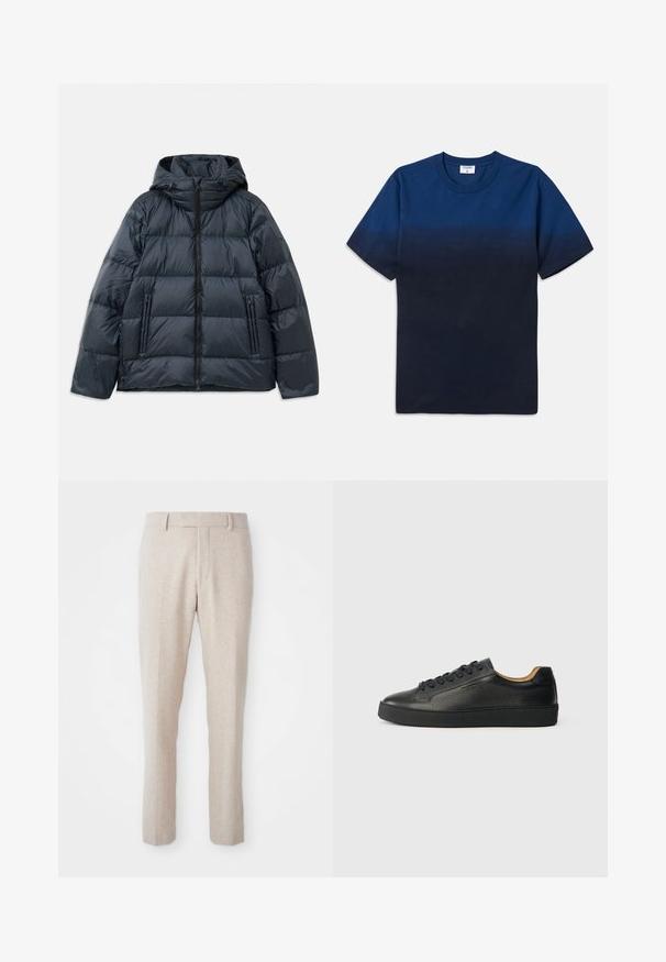 Dark navy puffer jacket with a hood, quilted design, front zip closure, and two zippered side pockets; smooth, glossy texture.; Navy blue cotton t-shirt with a round neck, short sleeves, and a subtle gradient design transitioning from lighter to darker shades.; Beige woven trousers with a straight fit, featuring a flat front, belt loops, and no visible patterns or hardware details.; Black low-top leather sneaker with textured surface, black laces, and thick rubber sole, shown from the side on a light background.