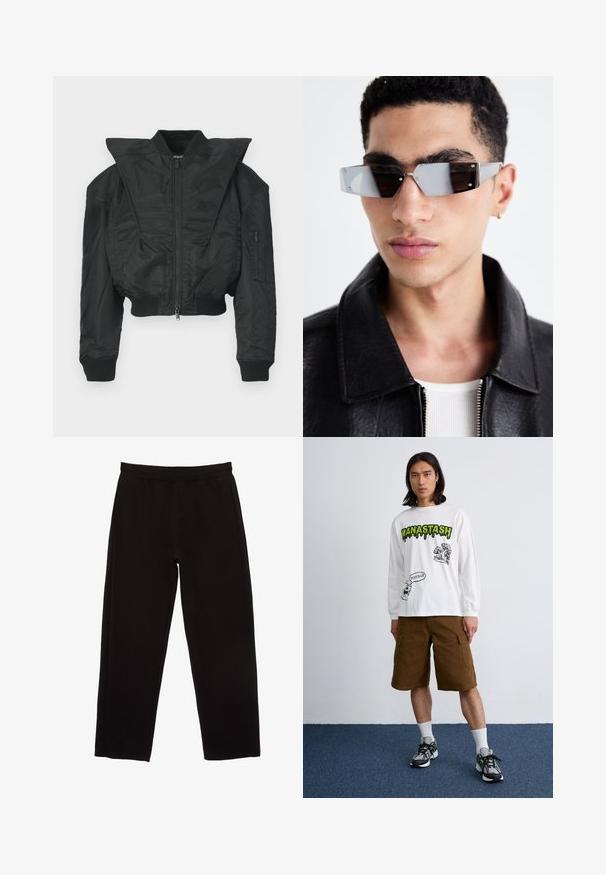 Čierna bomber bunda s krátkym strihom, širokým golierom, rebrovanými manžetami a zipsovou bočnou vreckom. Vyrobená z hladkej, ľahkej látky.; Čierne bavlnené tričko s voľným strihom, krátkymi rukávmi, okrúhlym výstrihom a hladkou, rovnomernou textúrou. Žiadne viditeľné logá ani vzory.; Čierne tepláky vyrobené z bavlny, s elastickým pásom, rovnými nohavicami a bez viditeľných vreciek alebo ozdobných prvkov.; Biele tričko s dlhým rukávom, zdobené čiernymi a zelenými grafikami, v kombinácii s hnedými cargo šortkami a mnohofarebnými teniskami. Jednoduché pozadie.; Uhly šedé slnečné okuliare s striebornými prvkami na svetlom pozadí. Šošovky majú jedinečný geometrický tvar.