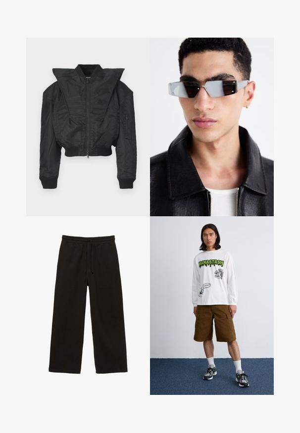 Fekete bombázó dzseki rövidített szabással, széles gallérral, bordázott mandzsettákkal és cipzáras oldalzsebbel. Simább, könnyű anyagból készült.; Fekete, rövid ujjú póló, puha pamutszövetből készült. Klasszikus körkivágású és laza fazonú, látható minták vagy fémrészletek nélkül.; Fekete, széles lábú nadrág, rugalmas derékkal és zsinórral, puha, bordázott anyagból készült.; Hosszú ujjú fehér póló fekete és zöld grafikával, barna cargo rövidnadrággal és színes sportcipőkkel párosítva. Egyszerű háttér.; Szögletes, szürke árnyalatú napszemüveg ezüst díszítéssel, világos háttér előtt. A lencsék egyedi geometrikus formával rendelkeznek.